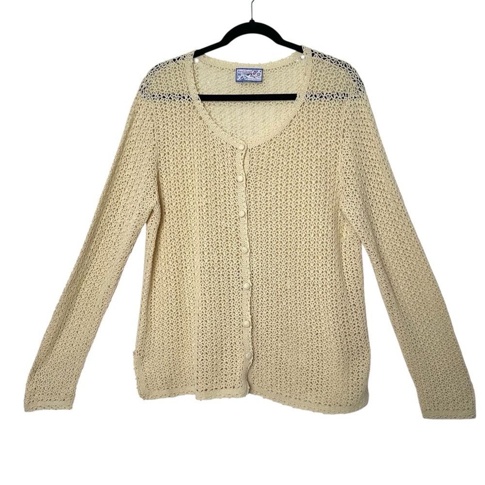 Vintage April Cornell Boho Coastal Grandma Open Weave Crochet Cardigan